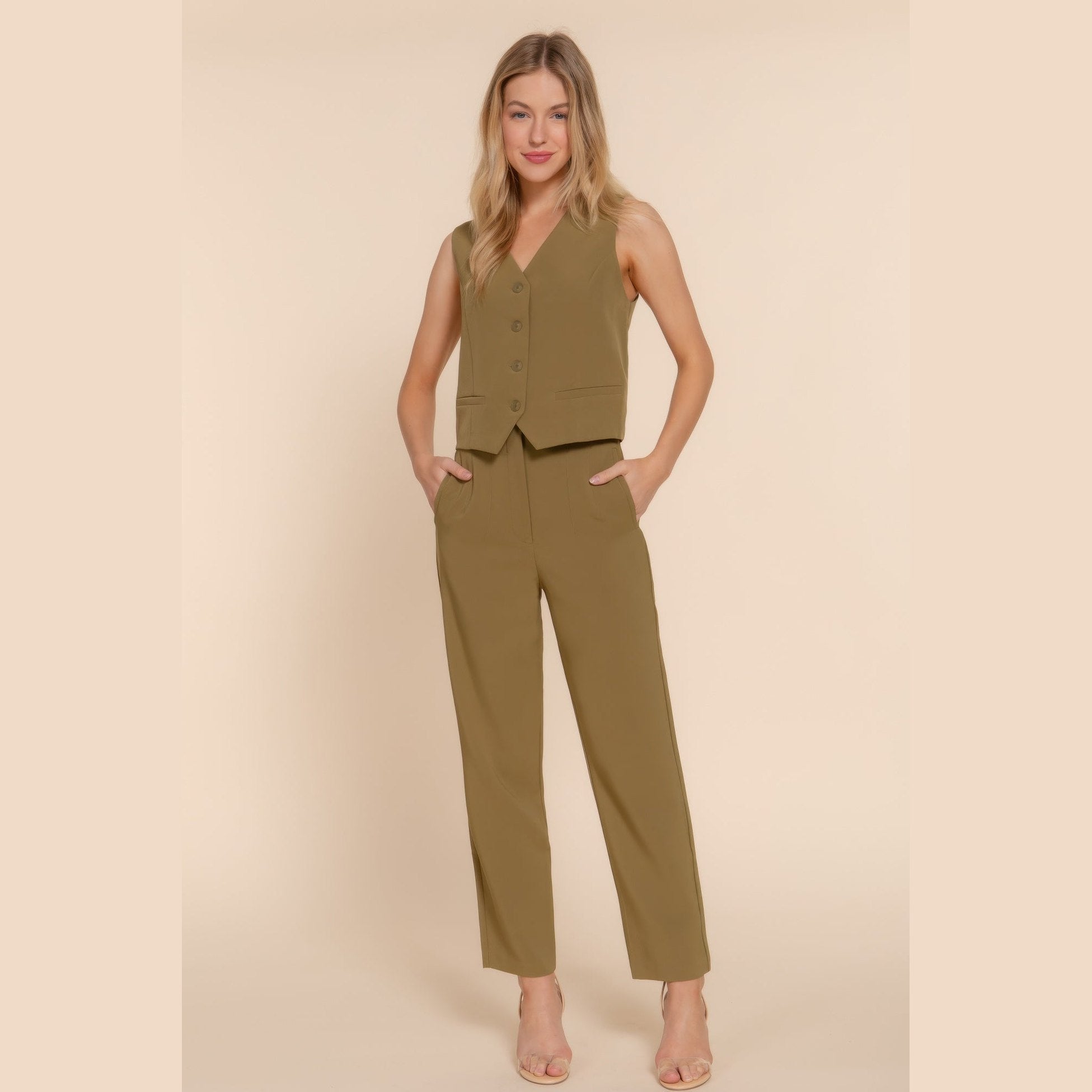VacationGrabs chic high waisted dress pants for women in olive green styled with matching vest