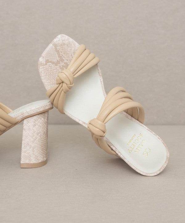 Oasis Society chic vacation heels in beige with a stylish knot design and a comfortable block heel