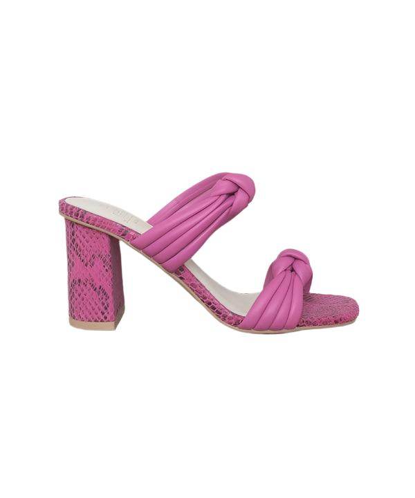 Oasis Society chic vacation heels in pink with knotted straps and a stylish block heel