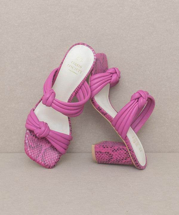 Oasis Society chic vacation heels in vibrant pink with stylish knot detailing and a textured design