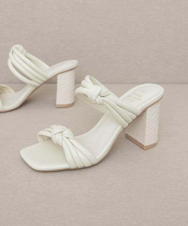Oasis Society chic vacation heels in white with stylish knot detail and textured block heel