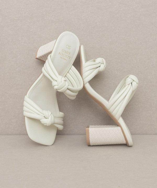 Oasis Society chic vacation heels in white with stylish knotted straps and a textured block heel