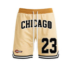 WEIV men's 23 Chicago basketball shorts in beige with black and white accents and drawstring waist