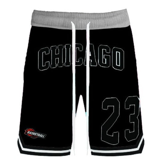 WEIV men's 23 Chicago basketball shorts in black with gray waistband and white drawstring