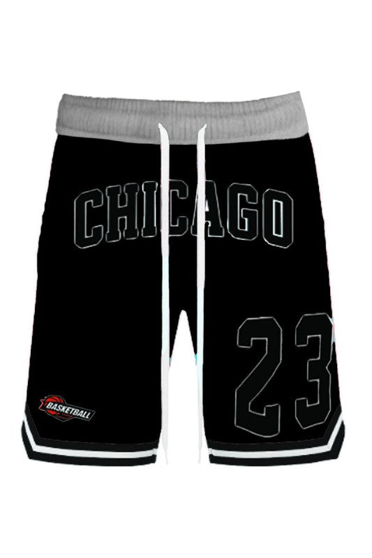 WEIV men's 23 Chicago basketball shorts in black with gray waistband and white drawstring