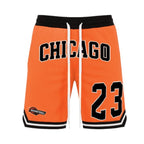 WEIV men's 23 Chicago basketball shorts in orange with black and white accents and drawstring waist