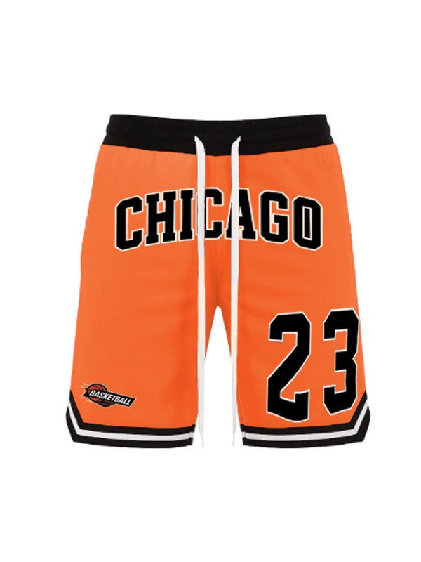 WEIV men's 23 Chicago basketball shorts in orange with black and white accents and drawstring waist