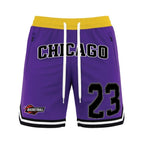 WEIV men's 23 Chicago basketball shorts in purple with yellow waistband and black white accents