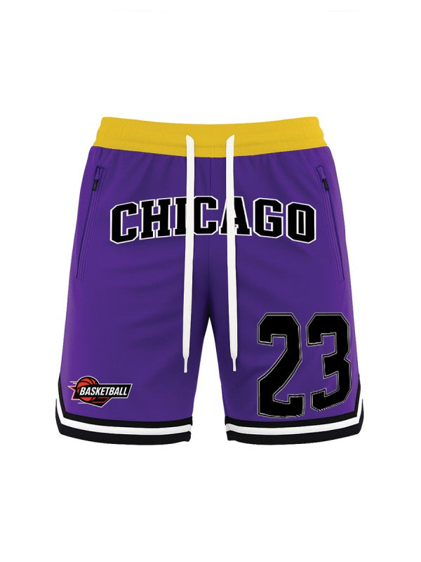 WEIV men's 23 Chicago basketball shorts in purple with yellow waistband and black white accents