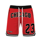 WEIV men's 23 Chicago basketball shorts in red with black waistband and white drawstrings