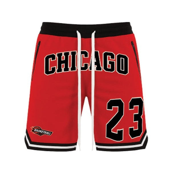 WEIV men's 23 Chicago basketball shorts in red with black waistband and white drawstrings