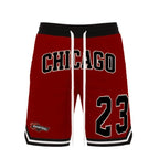 WEIV men's 23 Chicago basketball shorts in red with black and white accents and drawstring waistband