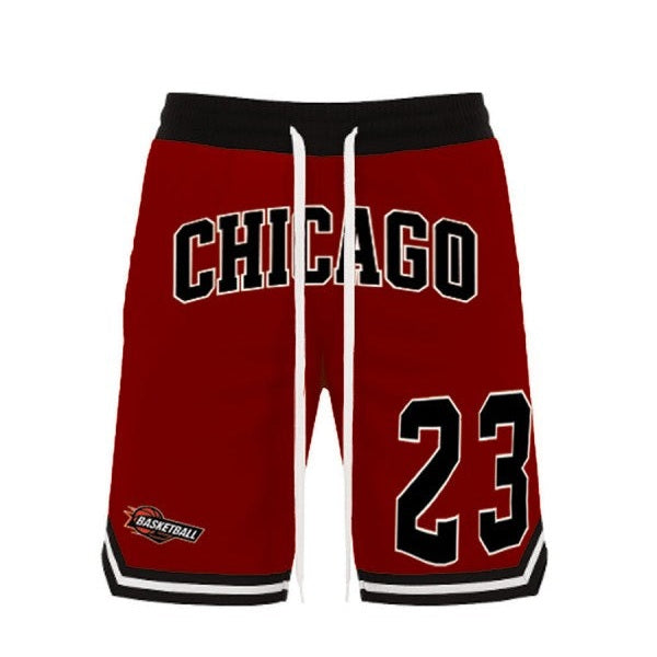 WEIV men's 23 Chicago basketball shorts in red with black and white accents and drawstring waistband