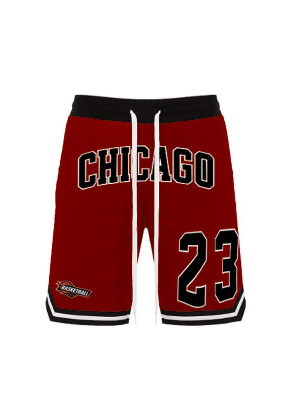 WEIV men's 23 Chicago basketball shorts in red with black and white accents and drawstring waistband