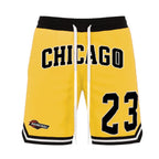 Yellow 23 Chicago basketball shorts for men with black waistband and white drawstring by WEIV