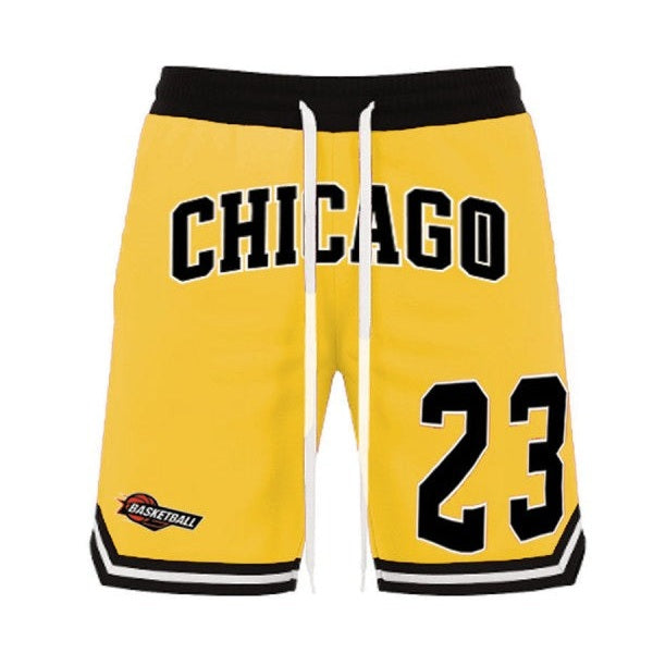 Yellow 23 Chicago basketball shorts for men with black waistband and white drawstring by WEIV