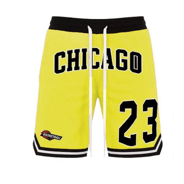 WEIV men's 23 Chicago basketball shorts in yellow with black waistband and white drawstrings