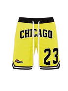 WEIV men's 23 Chicago basketball shorts in yellow with black waistband and white drawstrings