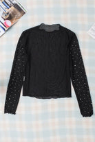 YNIQUE black rhinestone mesh top long sleeve sheer blouse with scattered sleeve rhinestones and mock neck
