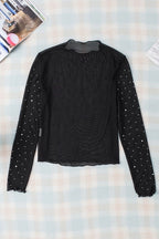 YNIQUE black rhinestone mesh top long sleeve sheer blouse with scattered sleeve rhinestones and mock neck