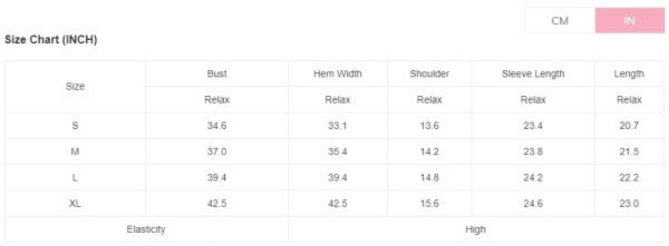 Size chart for YNIQUE black rhinestone mesh top showing bust hem width shoulder sleeve length measurements in inches for S M L XL