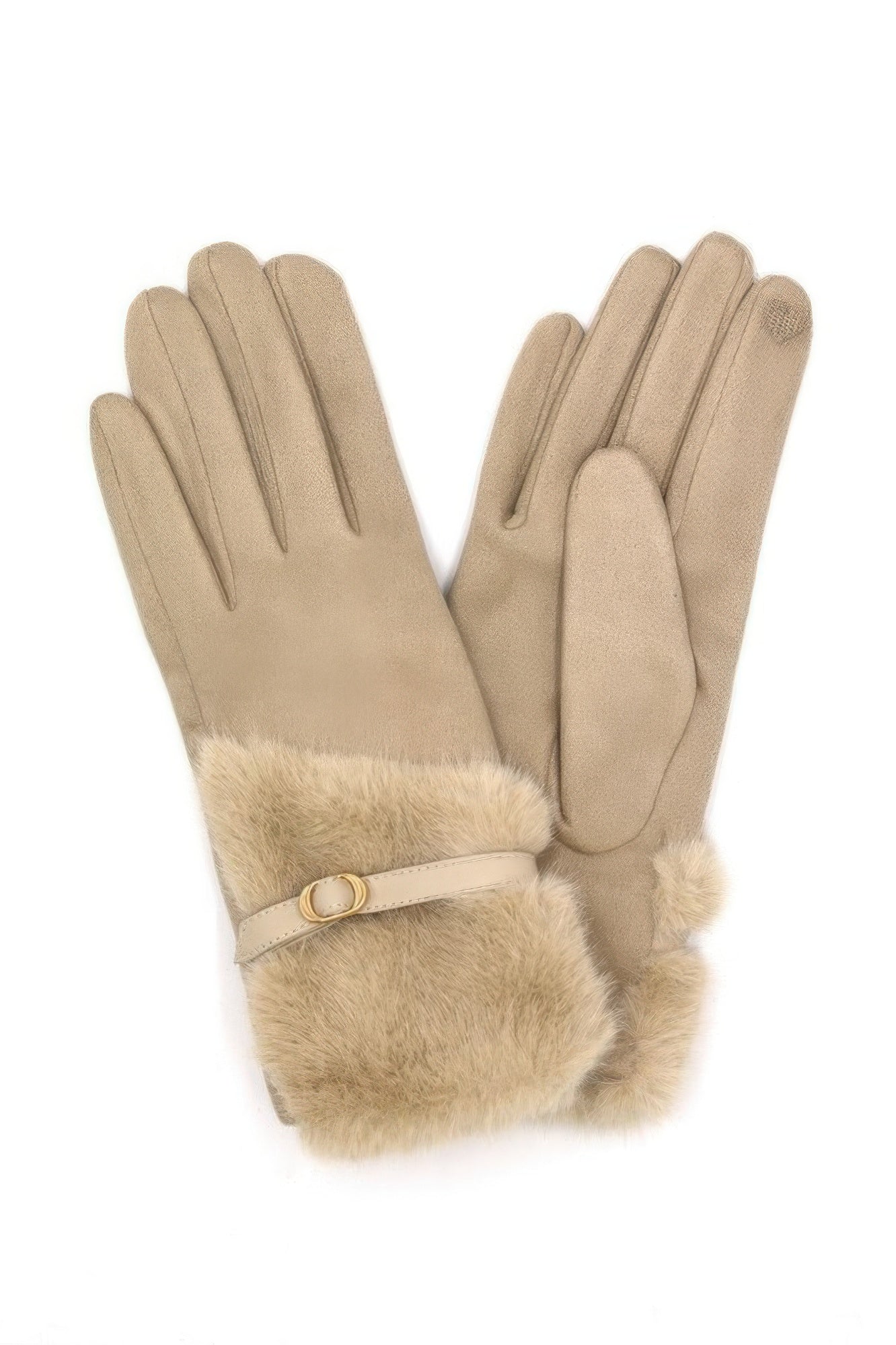 VacationGrabs womens beige suede gloves with faux fur cuff and buckle stylish faux fur gloves for travel