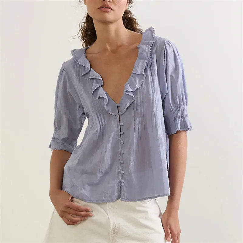 Women's light blue chiffon blouse, perfect for casual outings