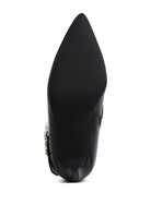 Sleek black chunky buckle ankle boots with a pointed toe and strong grip sole
