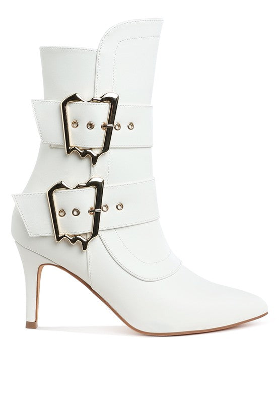 White chunky buckle ankle boots with stylish double buckle detail and pointed toe design