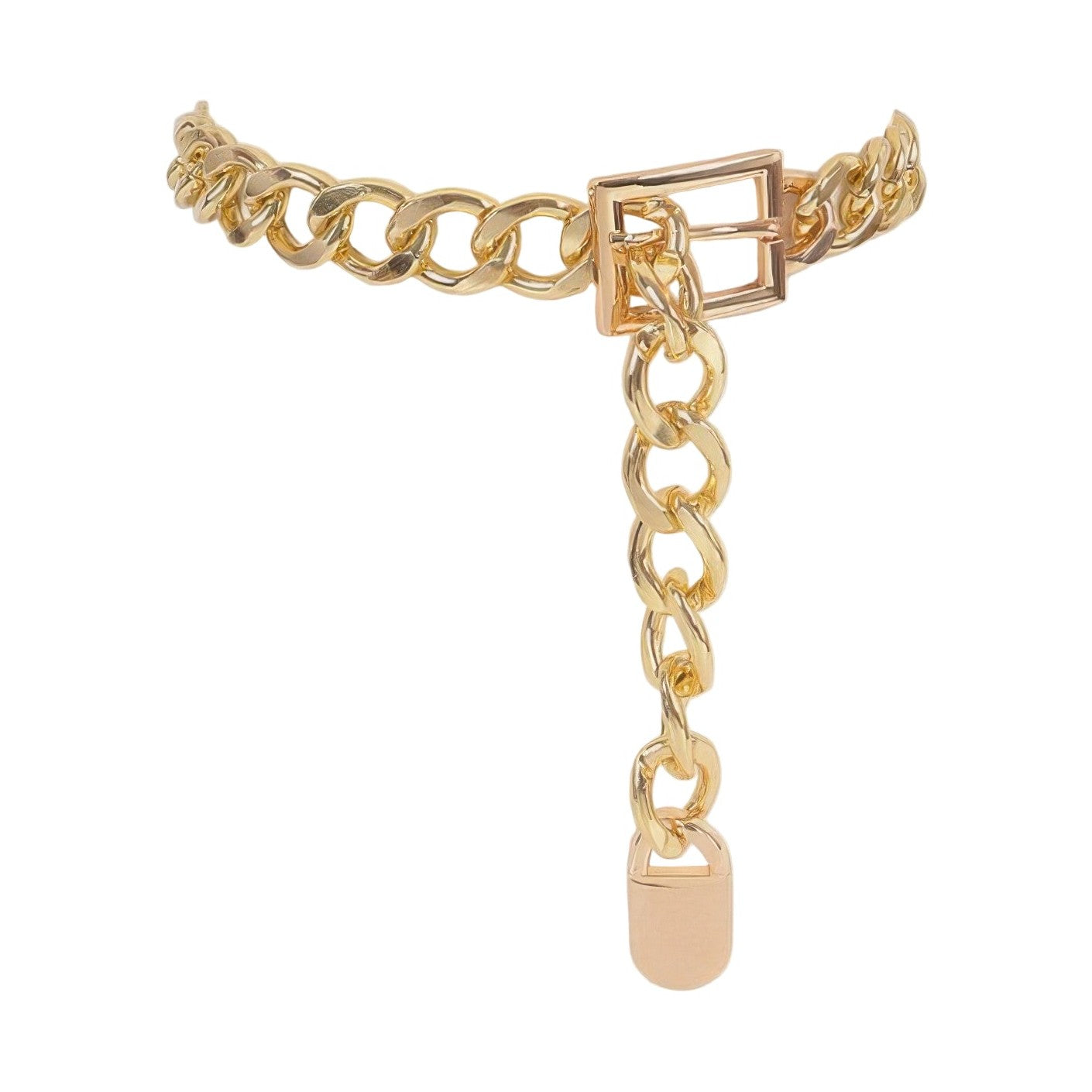 Gold chunky chain waist belt with adjustable buckle and stylish pendant detail