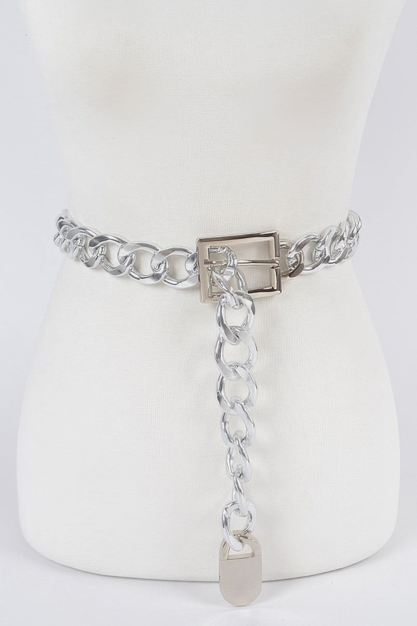 Silver chunky chain waist belt with a stylish buckle and hanging loop detail for women's fashion
