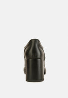 Back view of London Rag International chunky heel loafers for women in black with textured detailing