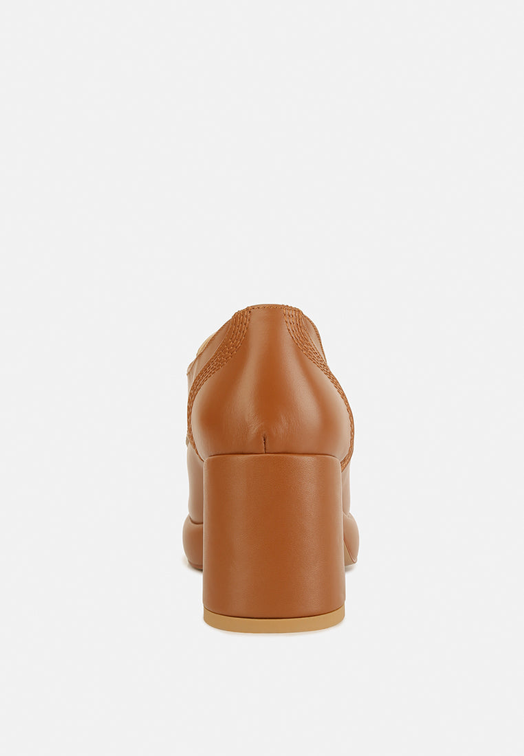 Back view of chunky heel loafers for women in brown leather with stylish design