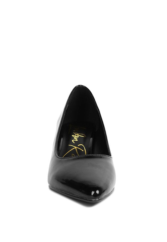 Rag Company black patent leather chunky heel pumps for women with pointed toe design