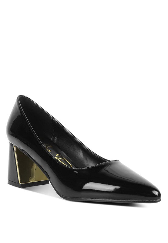 Rag Company black patent leather chunky heel pumps for women with gold block heel