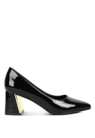 Rag Company black patent chunky heel pumps for women with gold accent on heel