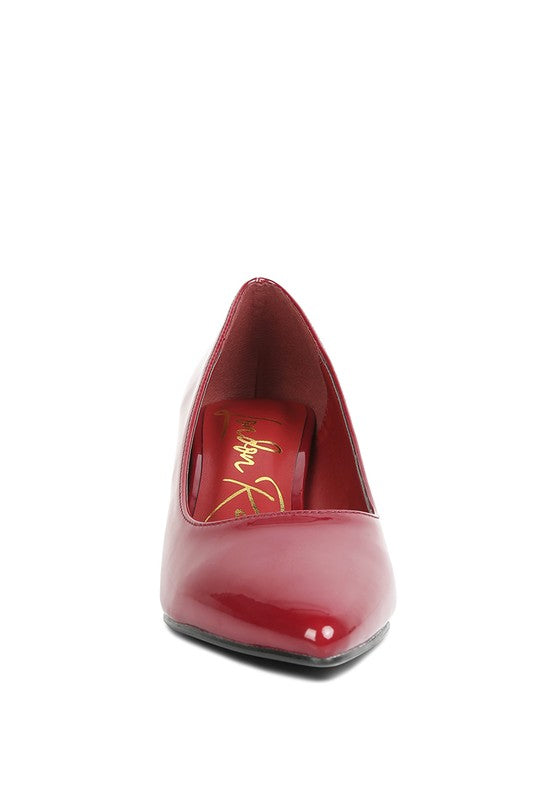 Rag Company red chunky heel pumps for women with a glossy finish and pointed toe