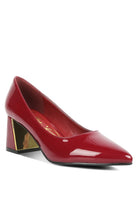 Rag Company red patent leather chunky heel pumps for women with gold-tone block heel