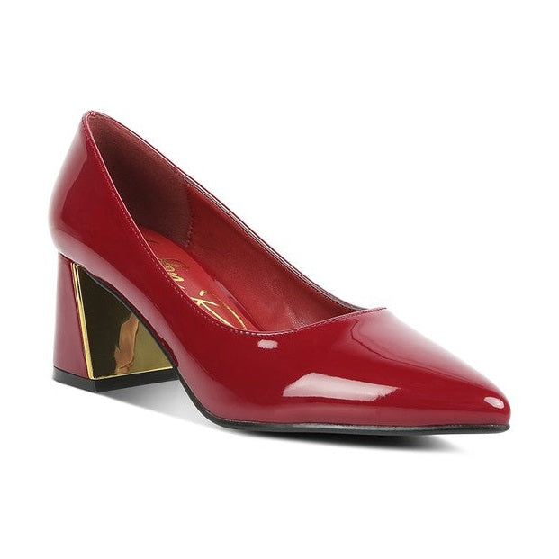 Rag Company red patent leather chunky heel pumps for women with gold-tone block heel