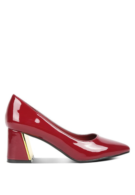 Rag Company red patent leather chunky heel pumps for women with gold accent on heel