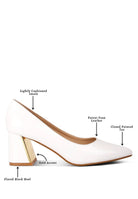 White chunky heel pumps for women with gold accent flared block heel and closed pointed toe