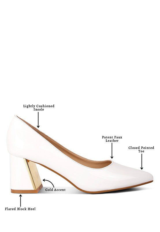White chunky heel pumps for women with gold accent flared block heel and closed pointed toe