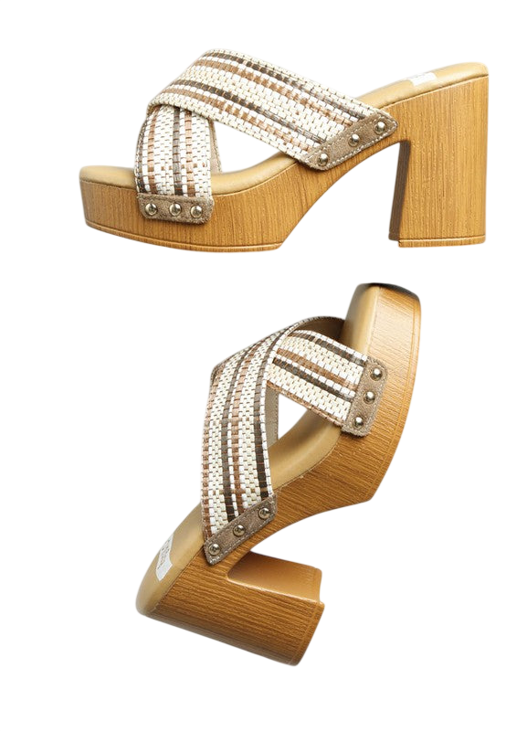 Chunky Heel Raffia Sandals For Women