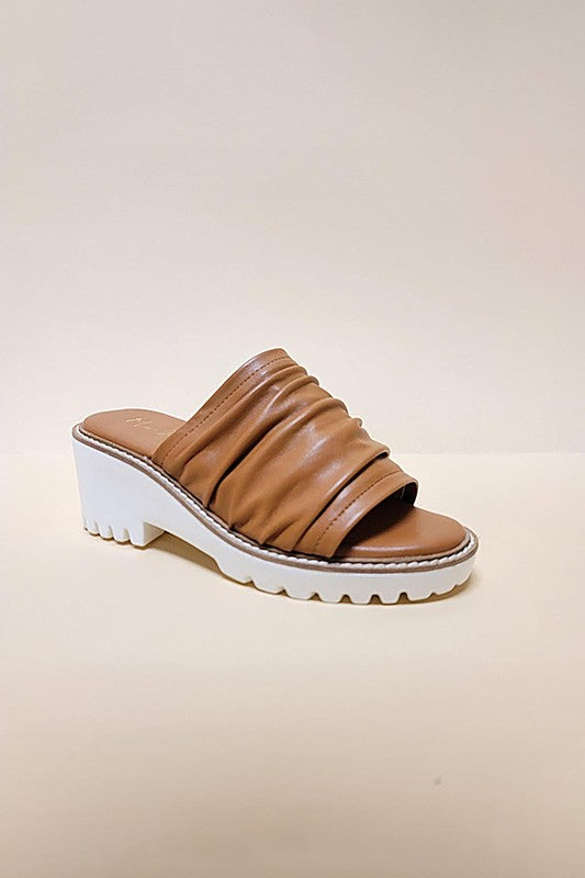 Let's See Style brown chunky heel slip-on sandals with ruched leather upper and white ridged sole