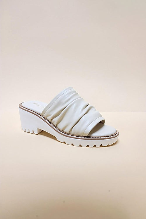 Let’s See Style white chunky heel slip-on sandals with ruched strap and textured sole