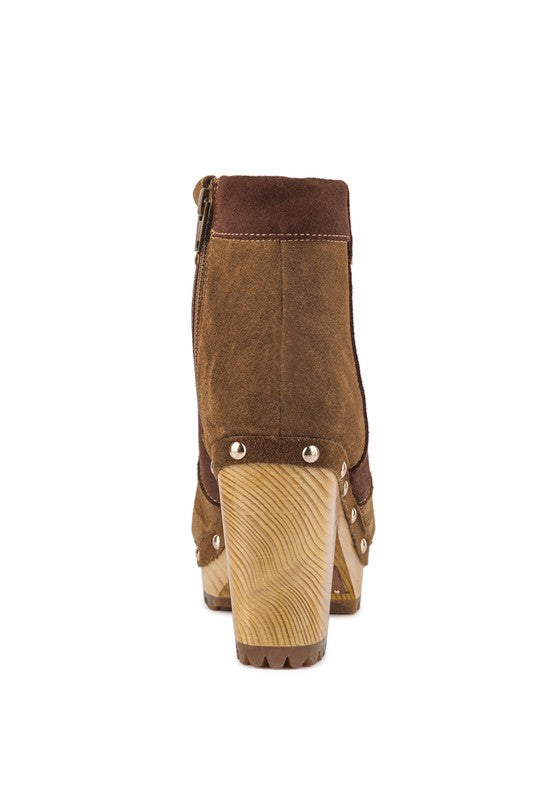 Rag Company chunky heel suede boots for women with a stylish back design and wooden heel