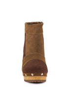 Chocolate brown chunky heel suede boots for women with stylish studded detail and textured sole
