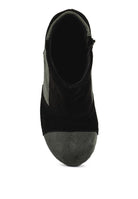 Rag Company chunky heel suede boots for women featuring a stylish two-tone design and side zipper
