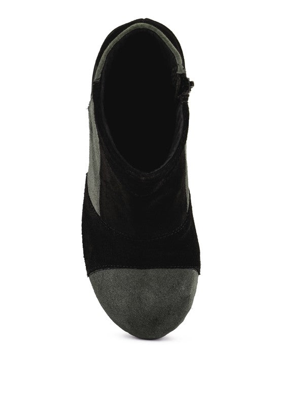 Rag Company chunky heel suede boots for women featuring a stylish two-tone design and side zipper
