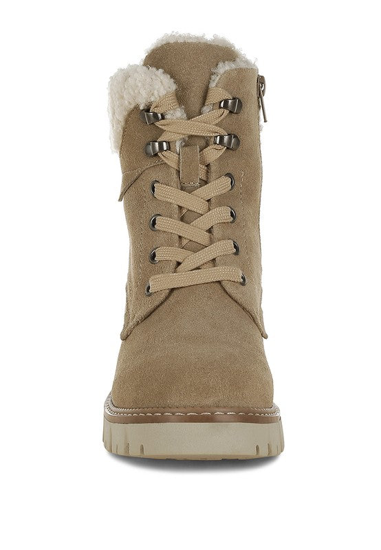 Rag Company comfortable chunky heel winter boots for women with lace-up design and faux fur lining